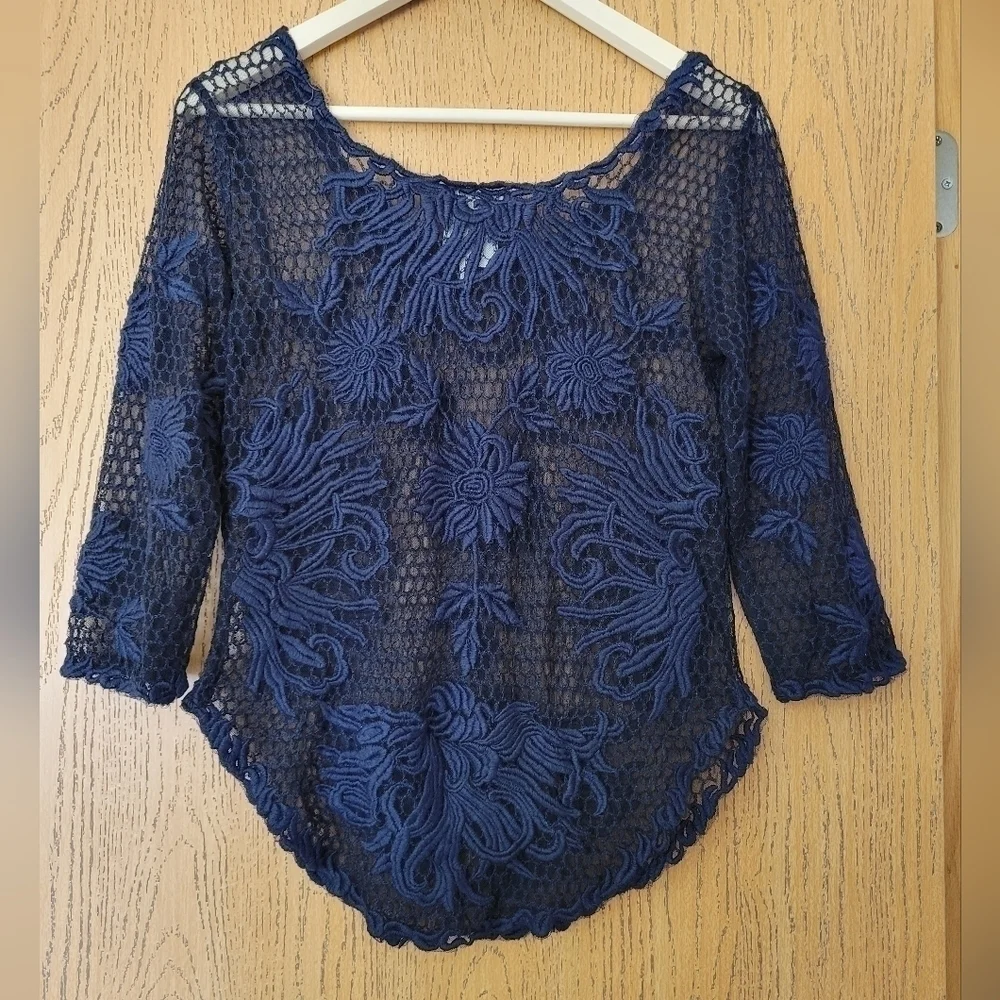 Yoana Baraschi navy blue see-through lace fishnet embroidered 3/4 sleeve top S